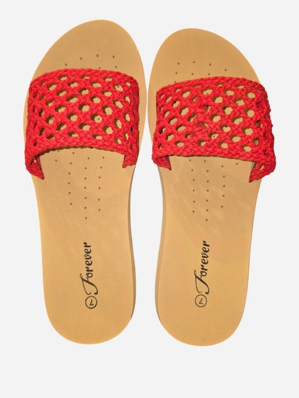 Forever Red Crochet Slide Sandals with Tan Footbed